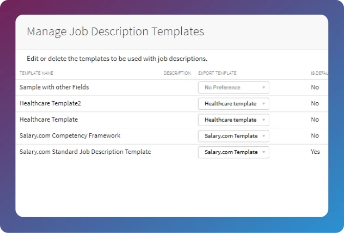 Manage Job Description Templates table view