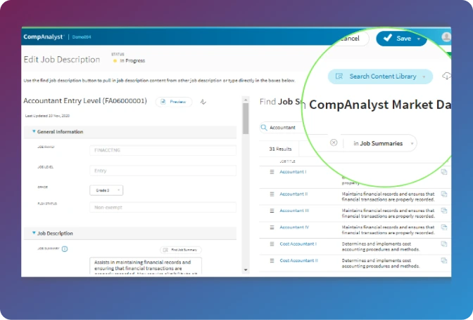 Job content library showing CompAnalyst Market Data job summaries in JobArchitect